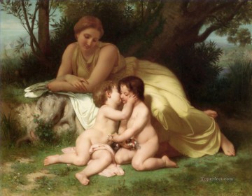  children Oil Painting - Young Woman Contemplating Two Embracing Children Realism William Adolphe Bouguereau